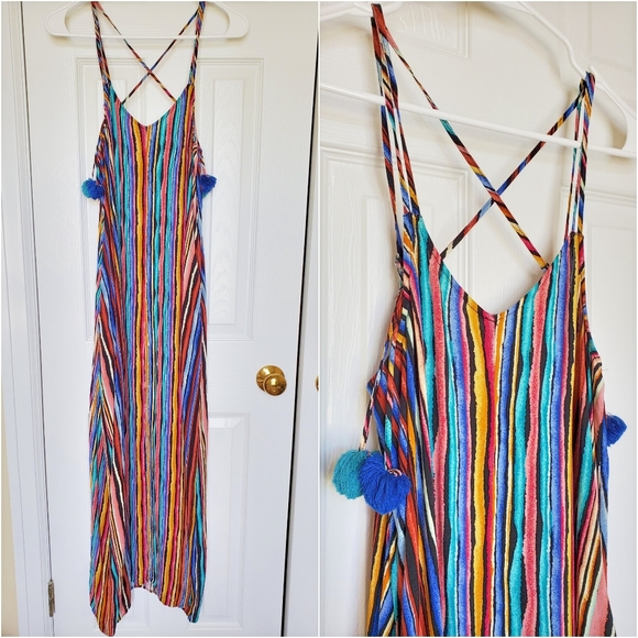 Eyeshadow Dresses & Skirts - Boho Tassel Rainbow stripe pattern Maxi Dress crisscross back